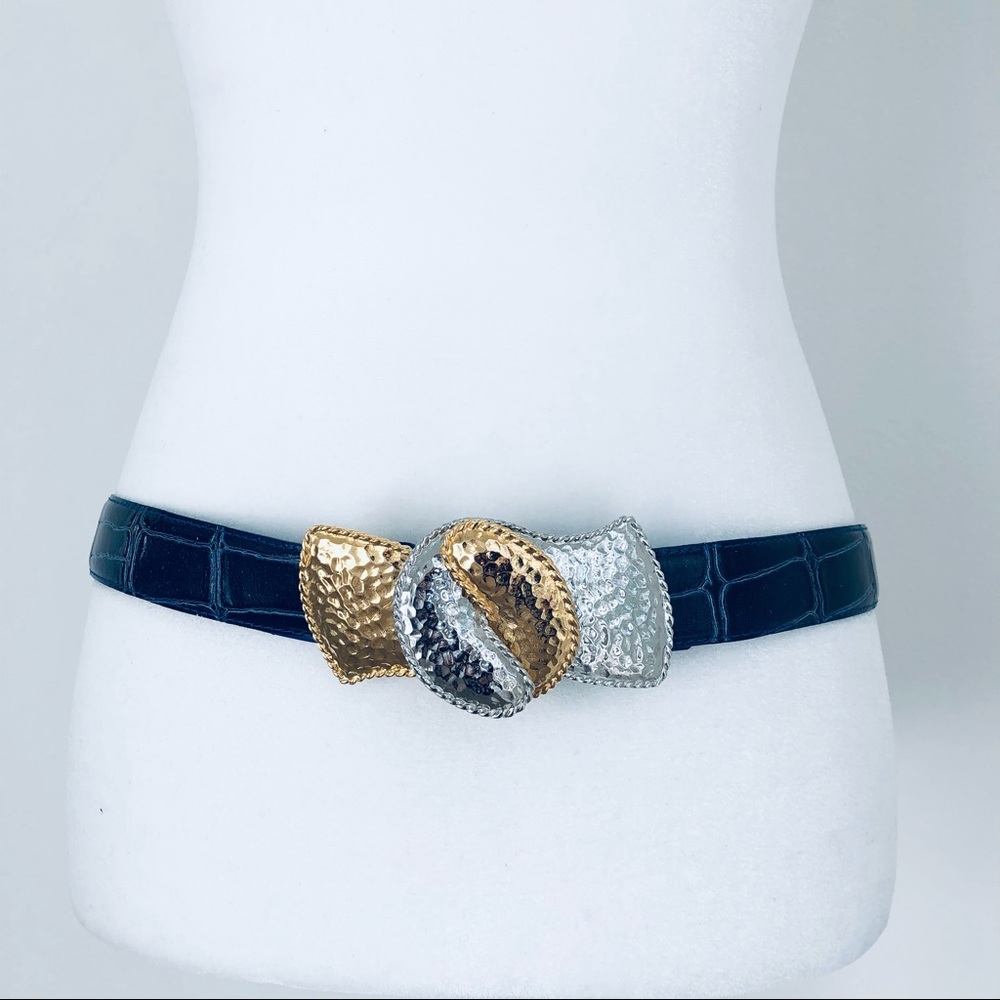Blue Croco Leather Belt Silver Gold Hammered Buckle Women's Accessories Belts